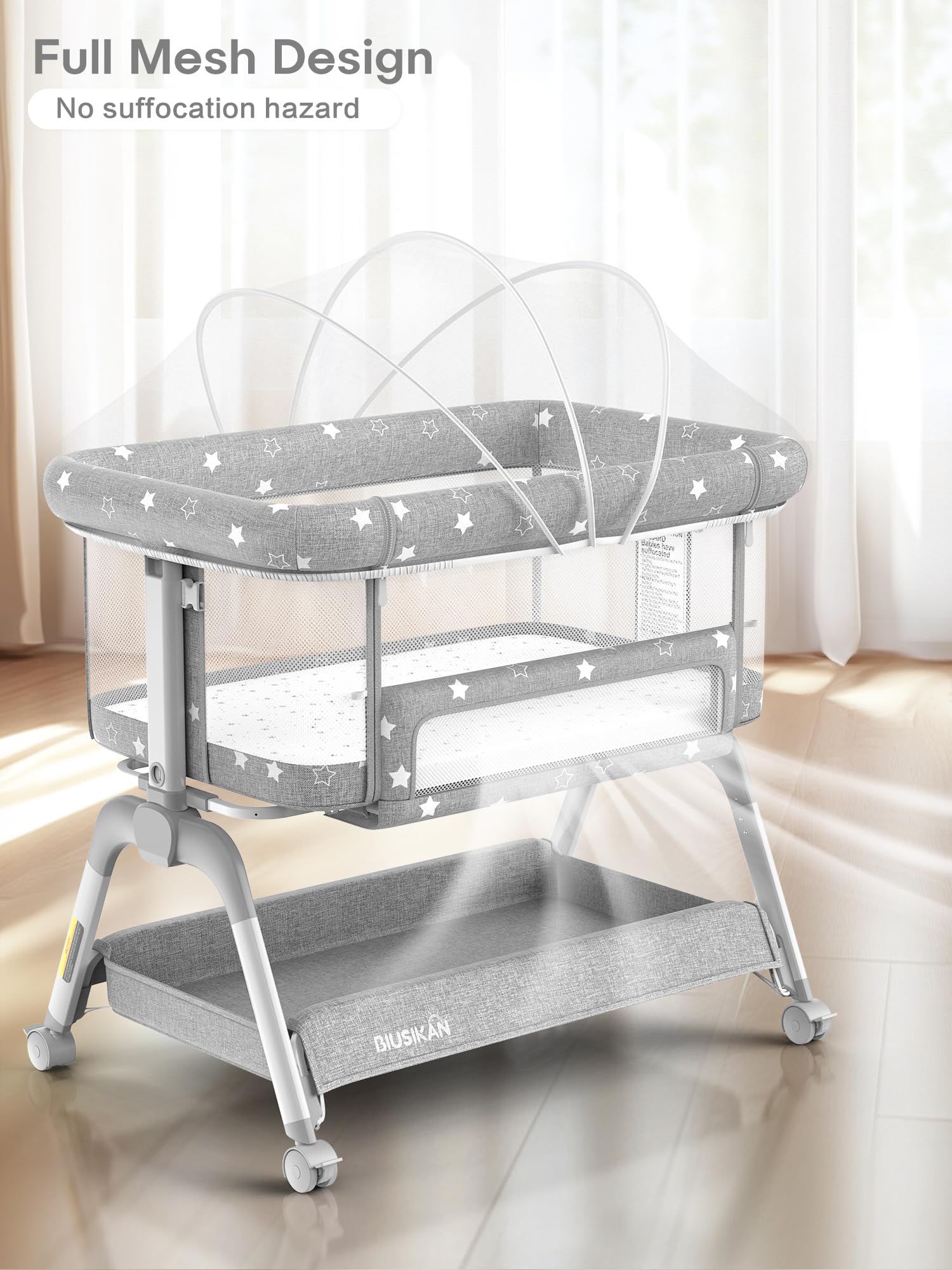 Portable Adjustable Height Baby Bassinet Bedside Sleeper with Mattress & Wheels - All Mesh Breathable Crib for Newborns - Perfect for Co-Sleeping, Nursery, Bedroom & Travel