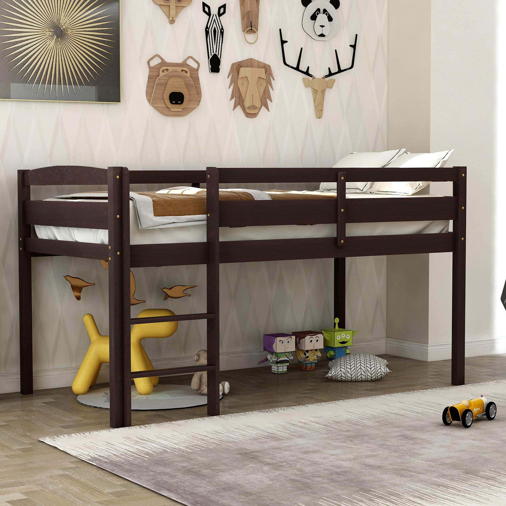Sturdy Wooden Loft Bed Twin Size with 8-Slat Support, Safety Guard Rail & Ladder - 200 lbs Weight Capacity (79.5