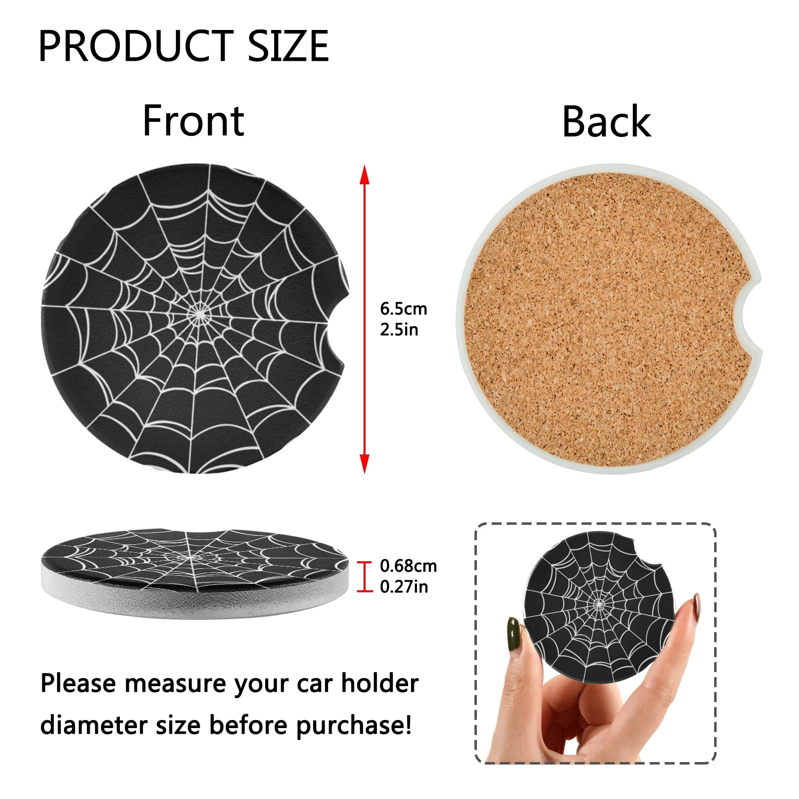 Goth Spider Web Car Coasters 2 Pack - 2.5 Inch Unisex Non-Slip Cup Holder for Cars, Water Absorbent & Detachable - Perfect for Halloween Decor, Gothic Style Vehicles & Coffee Lovers