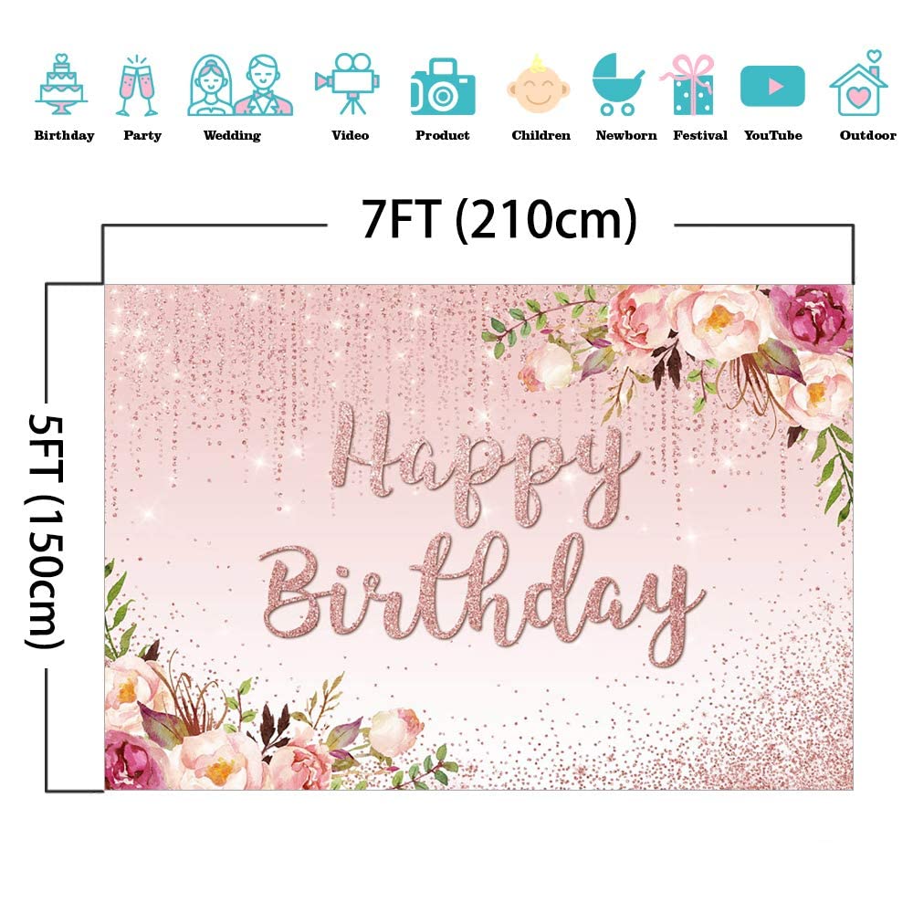 Rose Gold Floral Birthday Backdrop with Pink Glitter Dots - 7x5ft Photo Booth Background for Women's Birthday Party Decorations, Baby Shower & Bridal Shower Decor