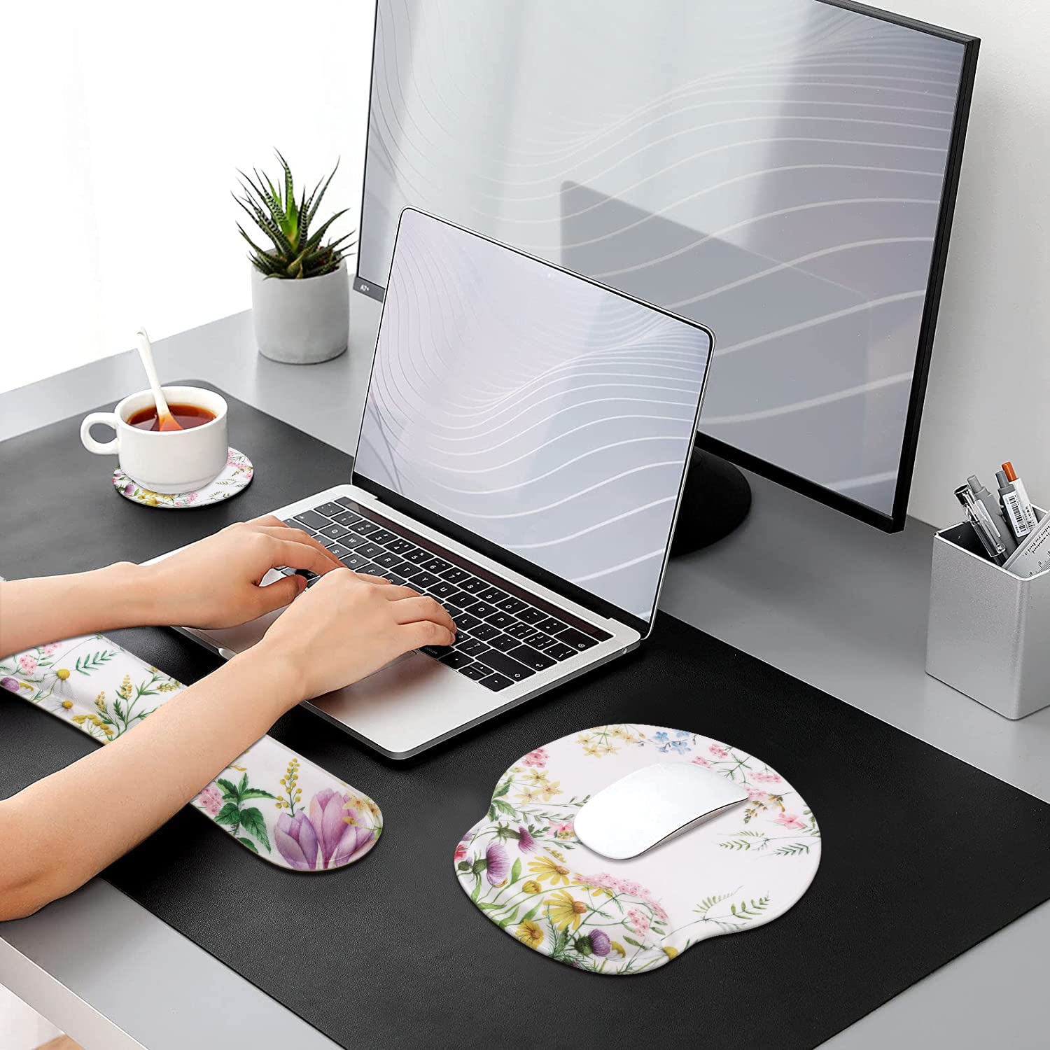 Ergonomic Mouse Pad with Wrist Support & Keyboard Wrist Rest Set - Non-Slip Base for Computer, Laptop, Home & Office Use - Wild Flowers Design for Pain Relief & Comfortable Typing - Perfect for Gaming, Work & Long Computing Sessions