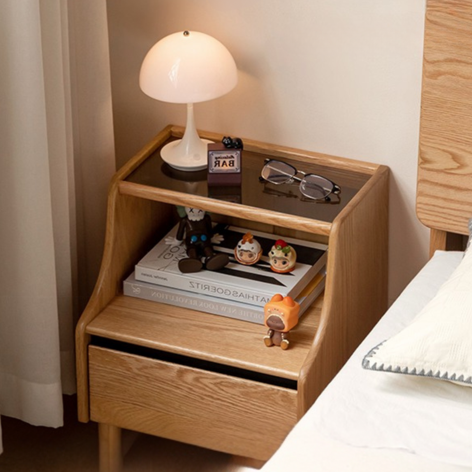 Solid Oak Wood Nightstand with Glass Top - Modern Bedside Table for Bedroom, Living Room, or Office
