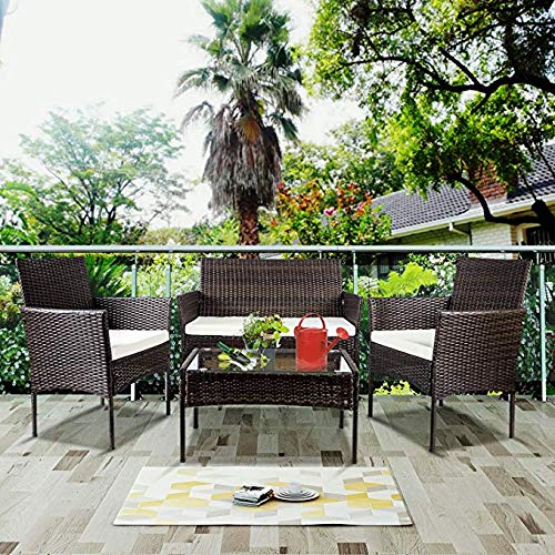 4-Piece Outdoor Patio Furniture Set - PE Wicker Rattan Sofa with Cushions & Tempered Glass Coffee Table - Brown - Perfect for Garden, Poolside, and Backyard Relaxation