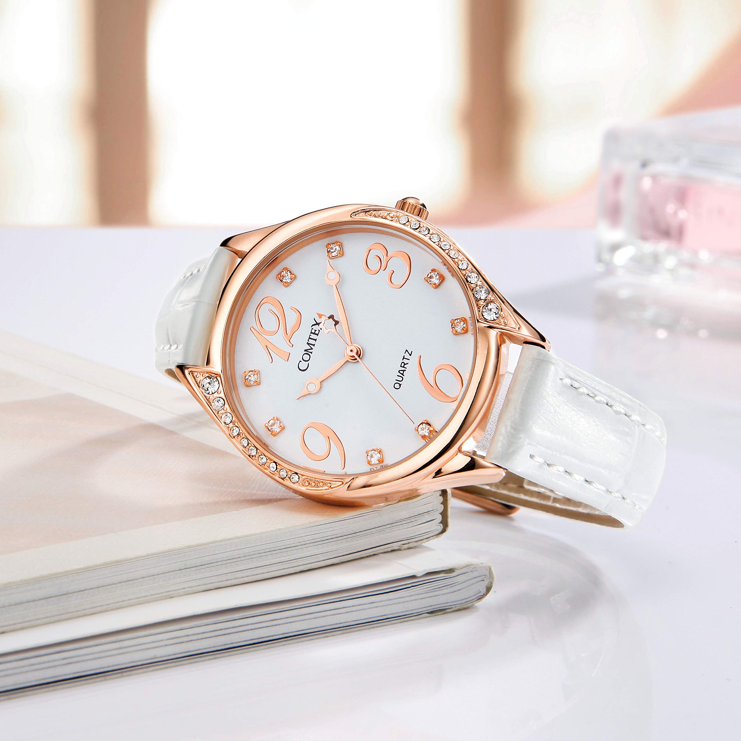 COMTEX Women's Watches with Large White Dial, Rose Gold Tone, White Leather Strap - Elegant Fashion Watch for Ladies, Perfect for Office, Party & Everyday Wear