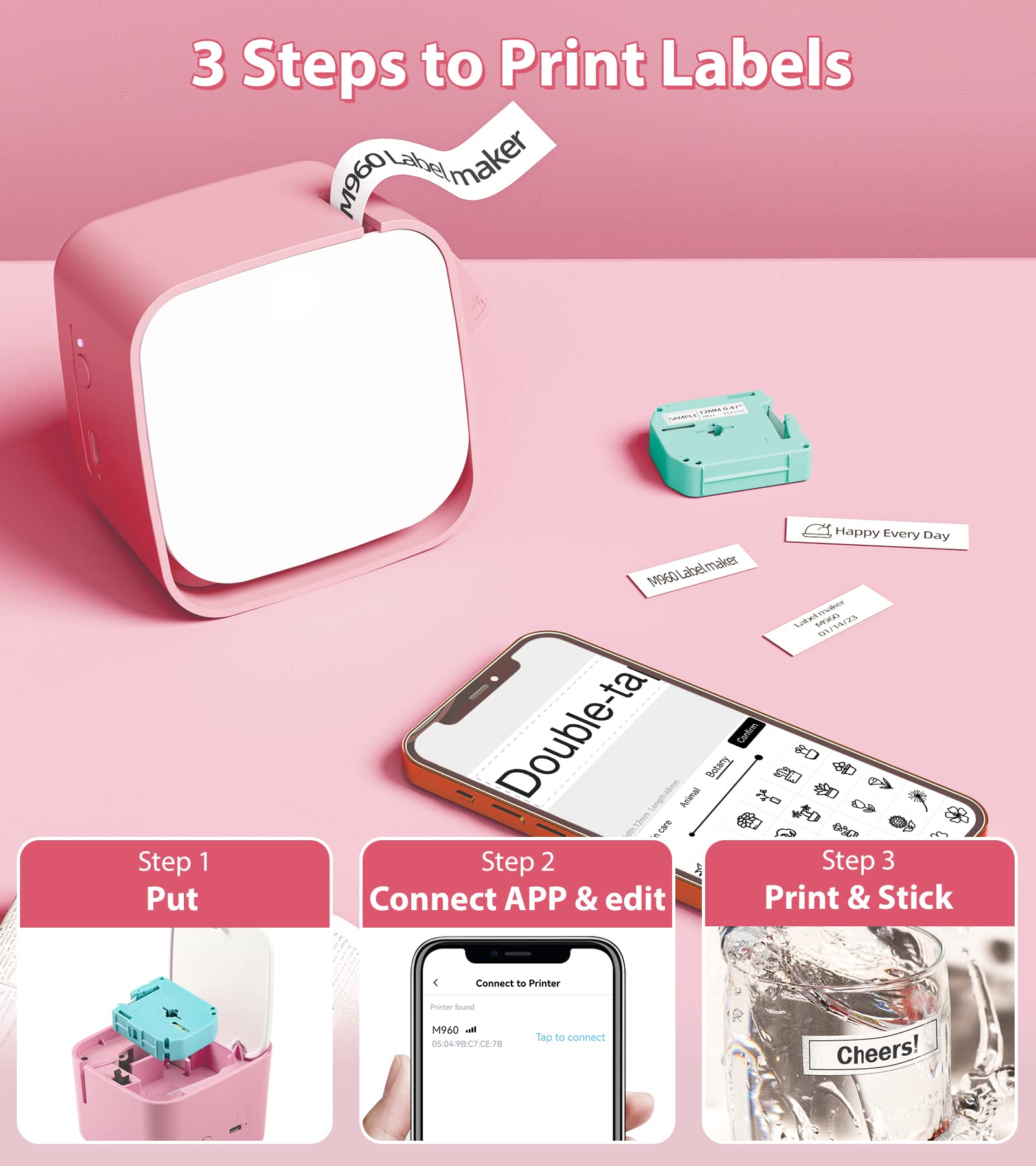 Pink Mini Label Maker Machine with 4PK Tapes - M960 Handheld Bluetooth Label Printer for Home, Office & School Organization | Perfect for Kids Items, Classroom Supplies & Teacher Gifts | Ideal for Back to School, Closet Organization & Craft Labeling