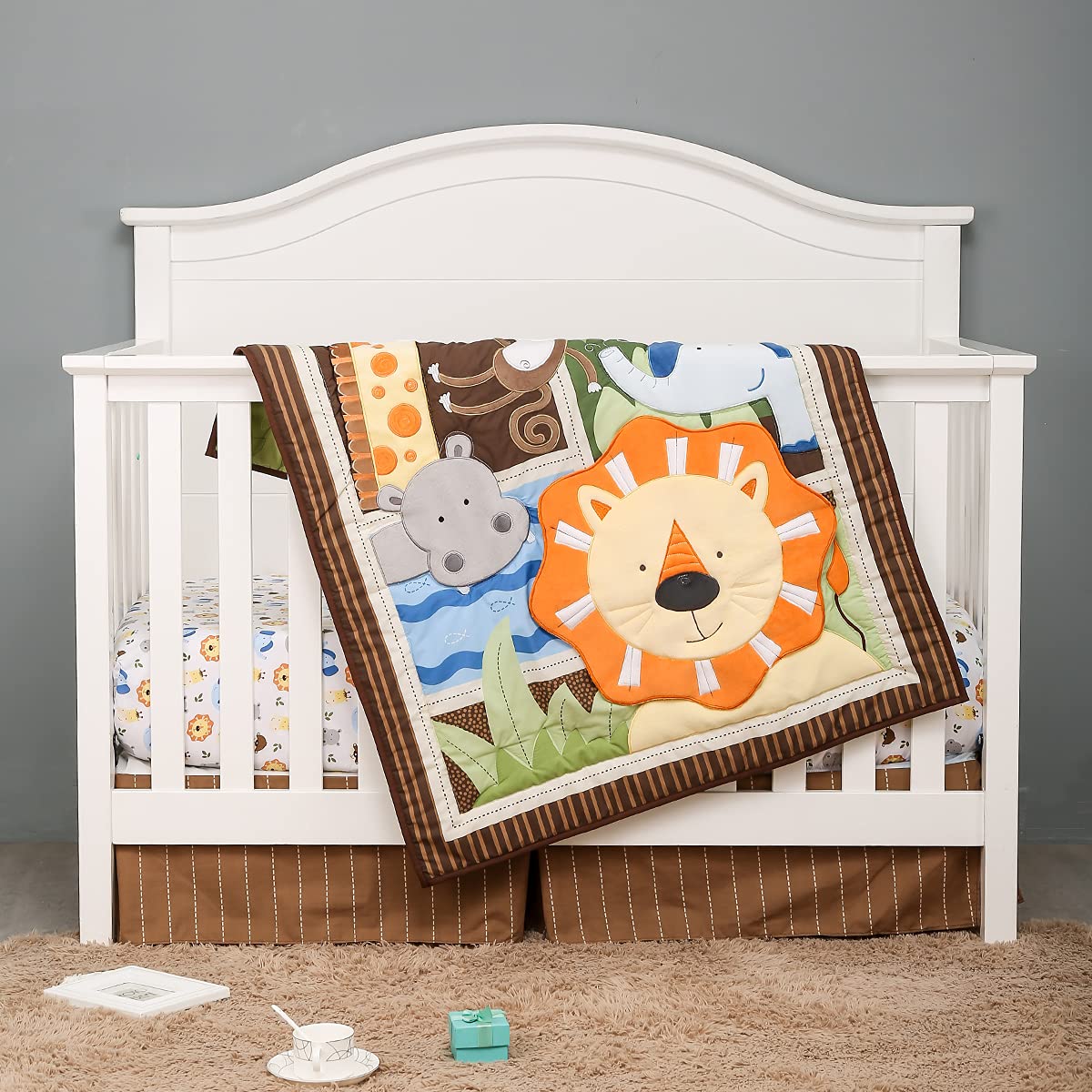 4-Piece Lion King Nursery Crib Bedding Set - Brown Lion, Giraffe & Elephant Theme - 1 Quilt, 1 Bed Skirt, 2 Fitted Sheets - Perfect for Baby Shower Gifts & Jungle-Themed Nursery Decor