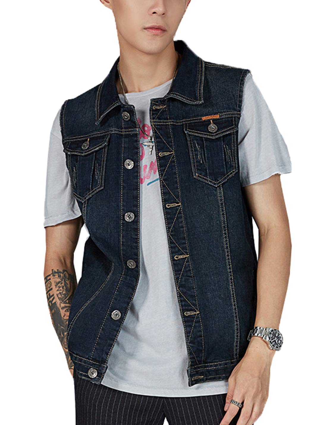 PAODIKUAI Men's Denim Vest Jacket - Plus Size Button Down Jeans Vest for Casual Wear, Layering & Outdoor Activities