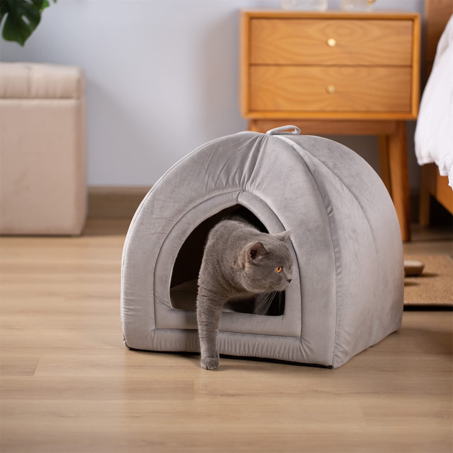 KASENTEX 2-in-1 Cat Bed & House for Indoor Cats - Washable Pet Cave Tent with Removable Cushion for Kittens, Small Cats & Dogs (15x15x15 Grey) - Perfect for Living Room, Bedroom & Pet Play Areas