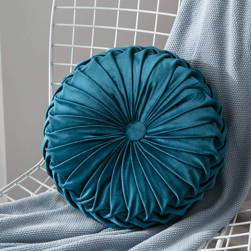 Velvet Round Filled Cushion - Soft Pleated Round Pillow for Sofa, Chair, Bed & Car Decor - Home Decorative Scatter Cushion in Teal - Perfect for Living Room, Bedroom & Office Comfort