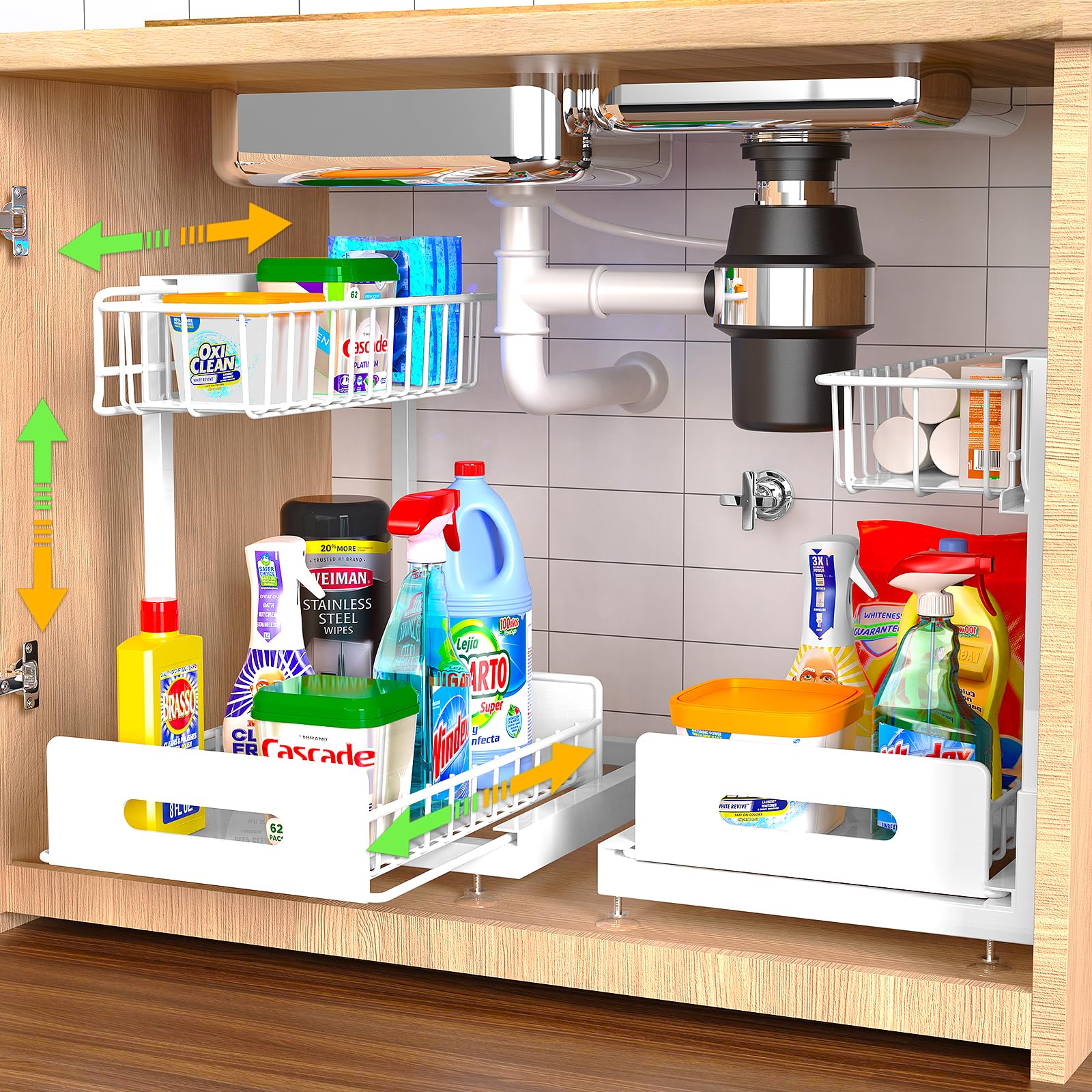2 Pack Under Sink Organizer - Adjustable 2 Tier Pull Out Cabinet Shelf, Metal Slide Out Storage for Kitchen & Bathroom Organization (White) | Perfect for Maximizing Space Under Sink, Counter or Vanity