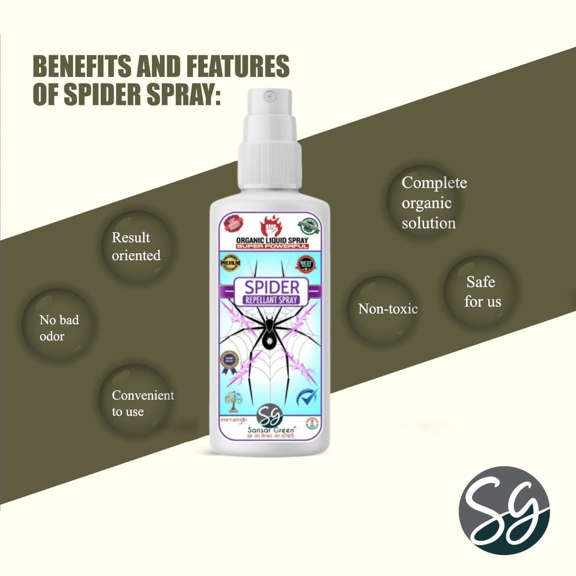 Sansar Green® Organic Spider Repellent Spray - Non-Toxic, Biodegradable & Pet Safe | Chemical-Free Indoor/Outdoor Bug Spray for Home, Office & Garden | 15-Day Protection with Refreshing Fragrance (100ml) | Perfect for Patios, Basements & Closets
