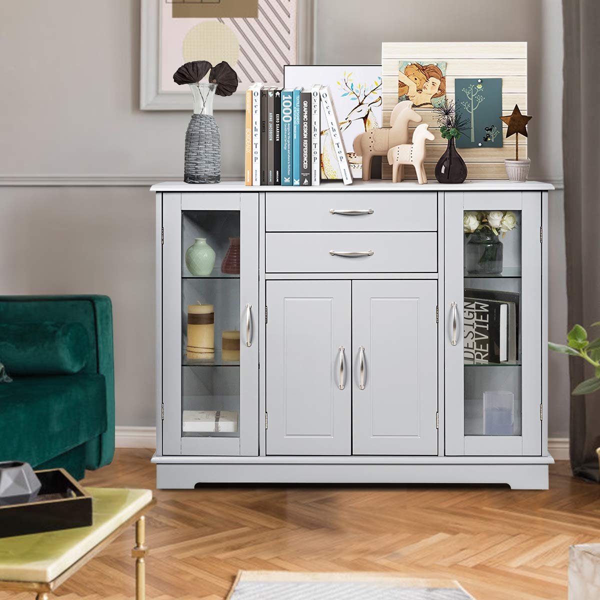 Giantex Gray Sideboard Buffet Server with 2 Drawers & 3 Cabinets - Kitchen Storage Cabinet with Glass Doors for Dining Room Furniture, Cupboard Console Table - Perfect for Entertaining, Holiday Serving & Home Organization