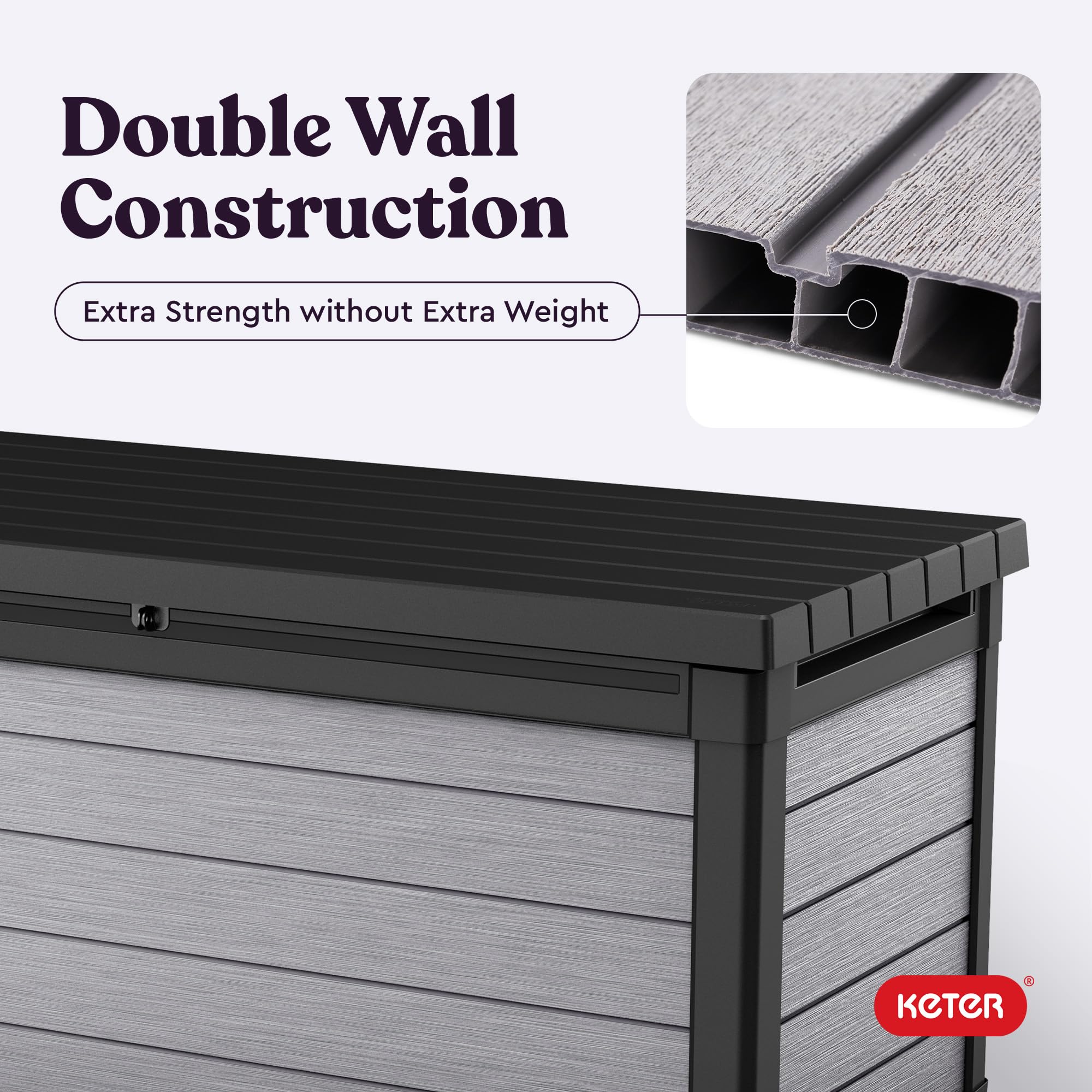 Keter Denali 150 Gallon Resin Deck Box - Large Outdoor Storage Container with Double Wall 20mm Panels, Paintable & Drillable - Perfect for Patio Furniture Cushions, Garden Tools, Pool Toys & Backyard Organization (Grey & Black)