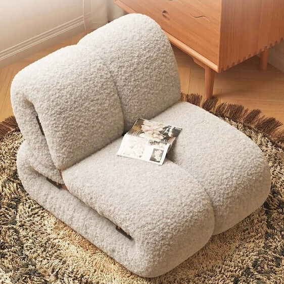 Nordic Japandi Style White Boucle Single Lazy Sofa Chair - Modern Minimalist Lounge Chair for Living Room, Bedroom & Office Relaxation