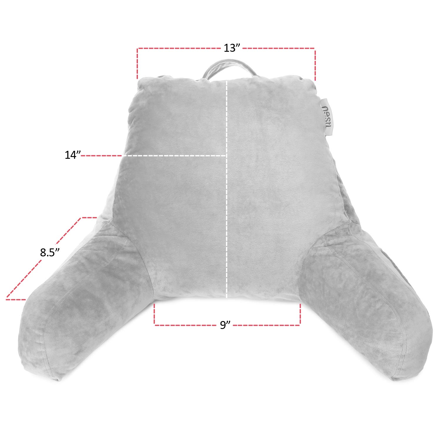**Clara Clark Kids Reading Pillow - Memory Foam Back Support Pillow for Sitting Up in Bed, Light Grey Gaming Pillow with Arms & Pockets - Perfect for Reading, Gaming & Relaxing in Bed**