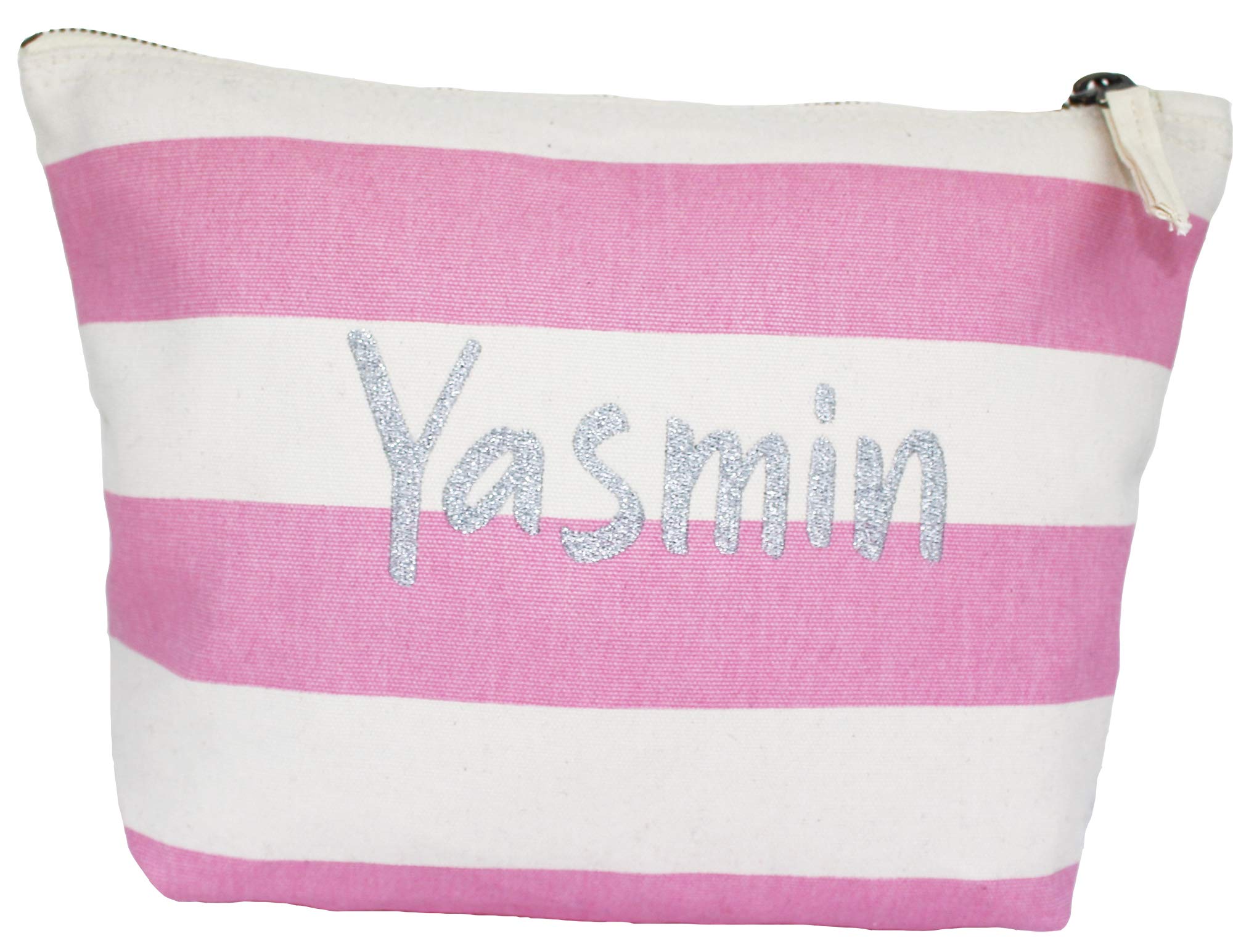 Personalized Sparkly Embroidered Pink & White Striped Travel Makeup Bag with Silver Glitter - Perfect for Cosmetic Organizer, Toiletry Pouch & Gift for Women