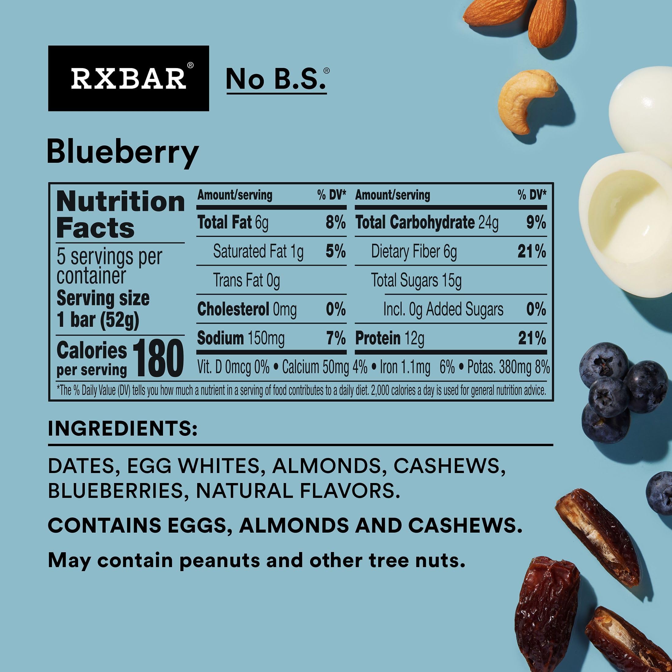 RXBAR Protein Bars - 12g Protein, Gluten Free, No Dairy, Non-GMO, Blueberry Flavor (6 Boxes, 30 Bars) | Healthy Snack for Workout, Hiking & On-the-Go Nutrition