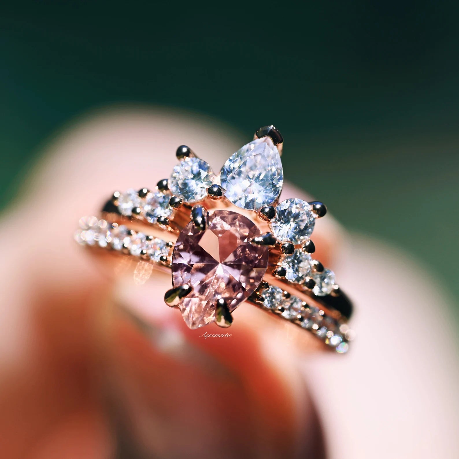 14K Rose Gold Vermeil Teardrop Morganite Ring Set - Elegant Stackable Rings for Women, Perfect for Weddings, Anniversaries & Special Occasions