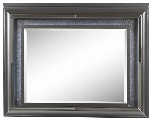 Modern LED Backlit Wooden Framed Wall Mirror - Raised/Recessed Molding Design - Metallic Gray Dresser Mirror for Bedroom, Bathroom & Entryway Decor