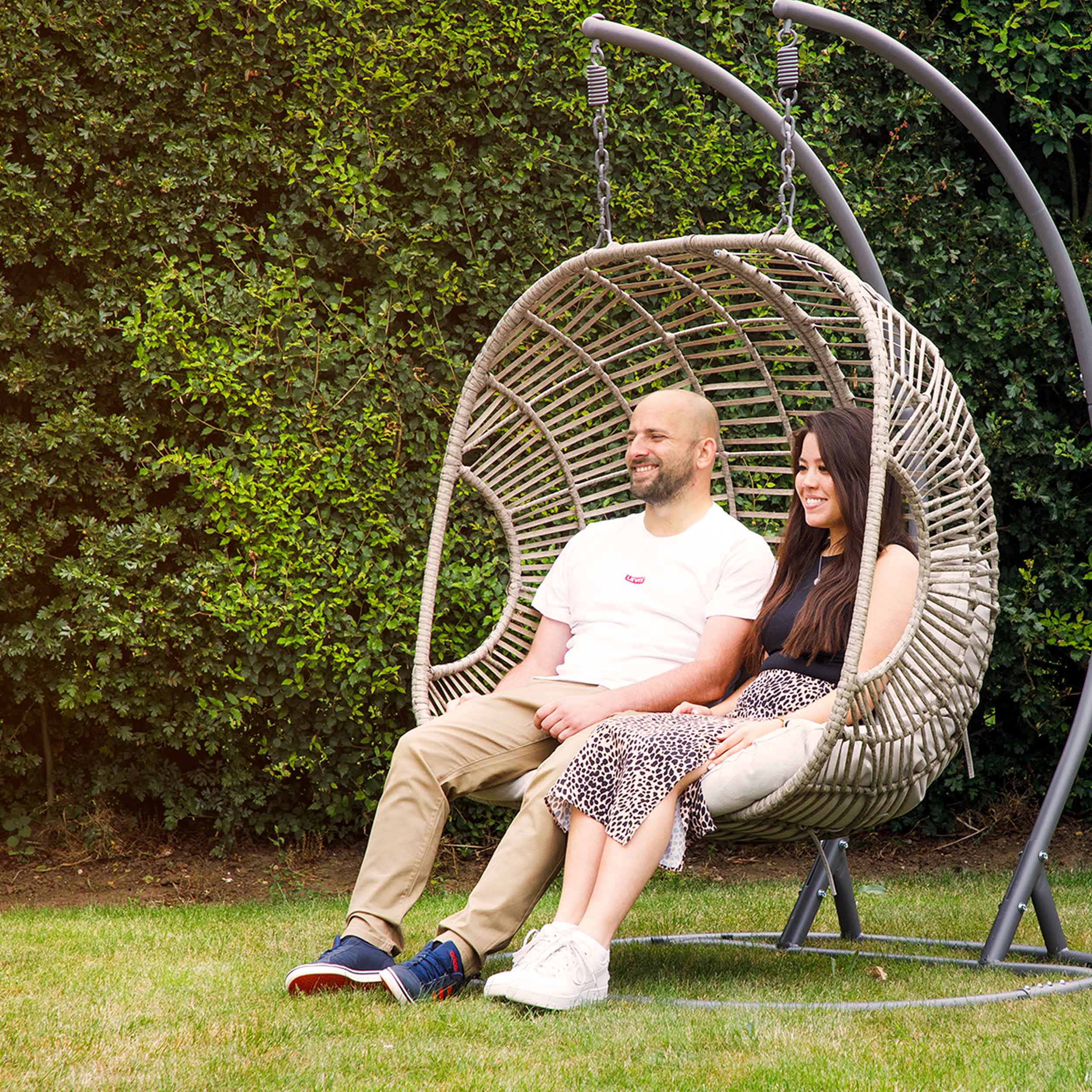 Egg Hanging Double Swing Chair - Wicker Rattan Basket with Sturdy Steel Frame - Perfect for Patio, Garden, and Backyard Relaxation