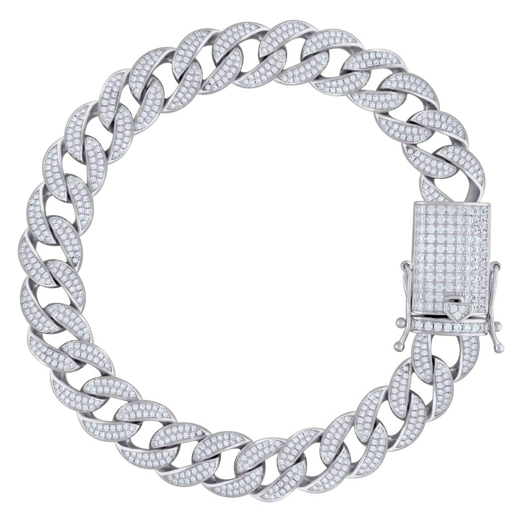 925 Sterling Silver Men's CZ Cubic Zirconia Simulated Diamond Miami Curb Link Bracelet - 12mm Width, 9 Inch Length - Durable & Hypoallergenic Jewelry Gift for Him - Perfect for Weddings, Parties & Everyday Wear