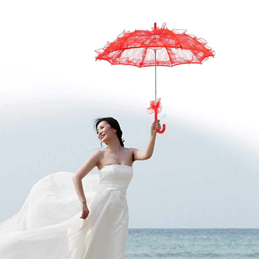 Bridal Lace Cotton Parasol - Wedding Umbrella for Photography & Party Decor (Red)
