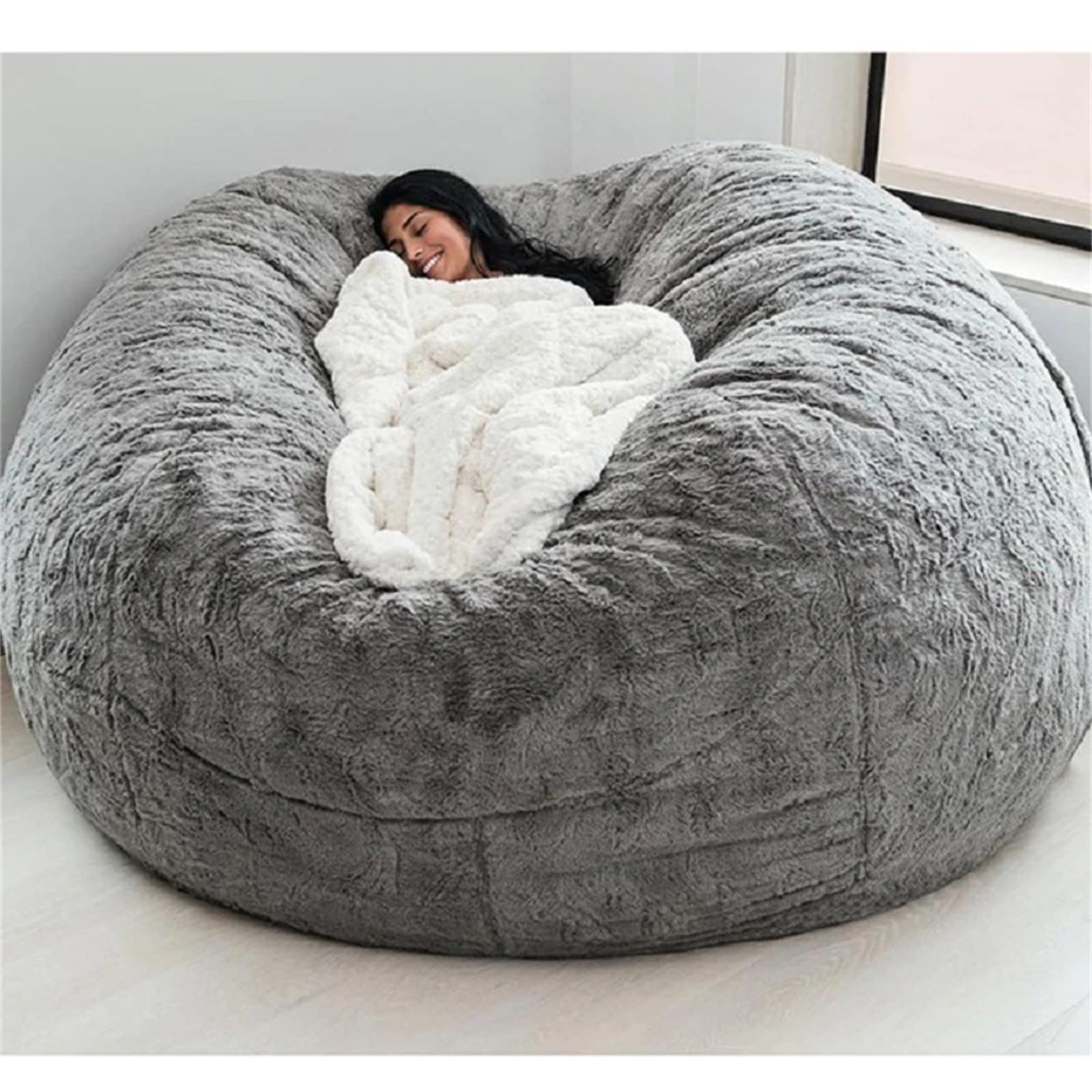 Premium 5FT Light Grey Bean Bag Cover - Soft Fluffy Fur with Zipper, Portable & Machine Washable Acrylic Oval Shape for All Ages | Perfect for Living Room, Bedroom, Dorm or Kids Play Area