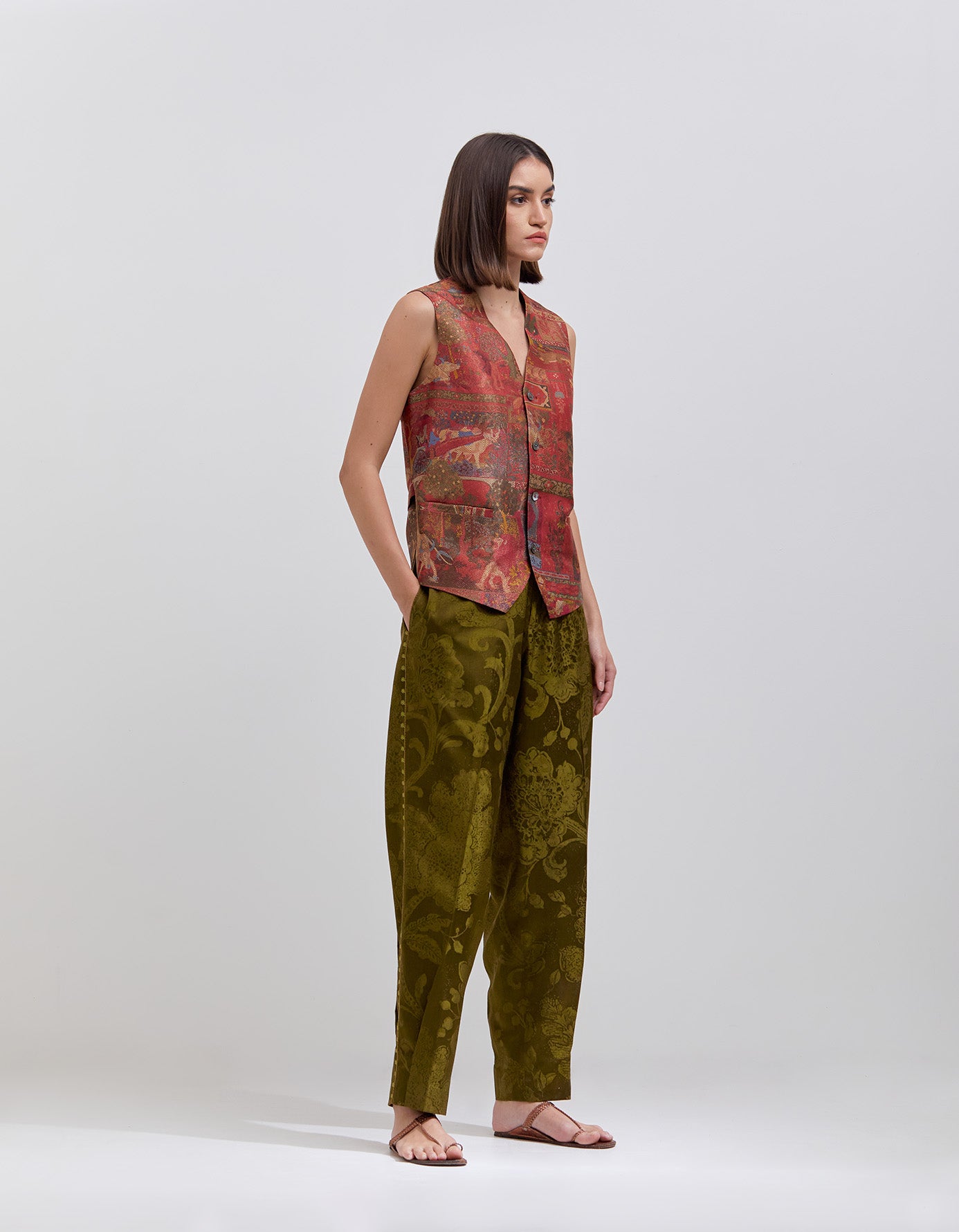 Premium Silk Damask Olive Bottom Pleat Trousers for Women - Elegant High-Waisted Palazzo Pants for Office, Party & Special Occasions