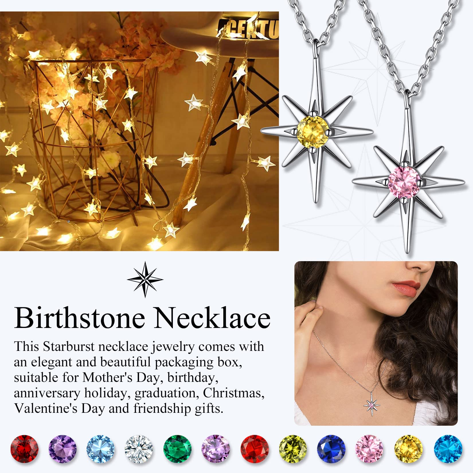 Suplight 925 Sterling Silver Dainty Birthstone North Star Starburst Stud Earrings & Necklace Set for Women | Zodiac Jewelry Gift for Birthday, Anniversary & Everyday Wear