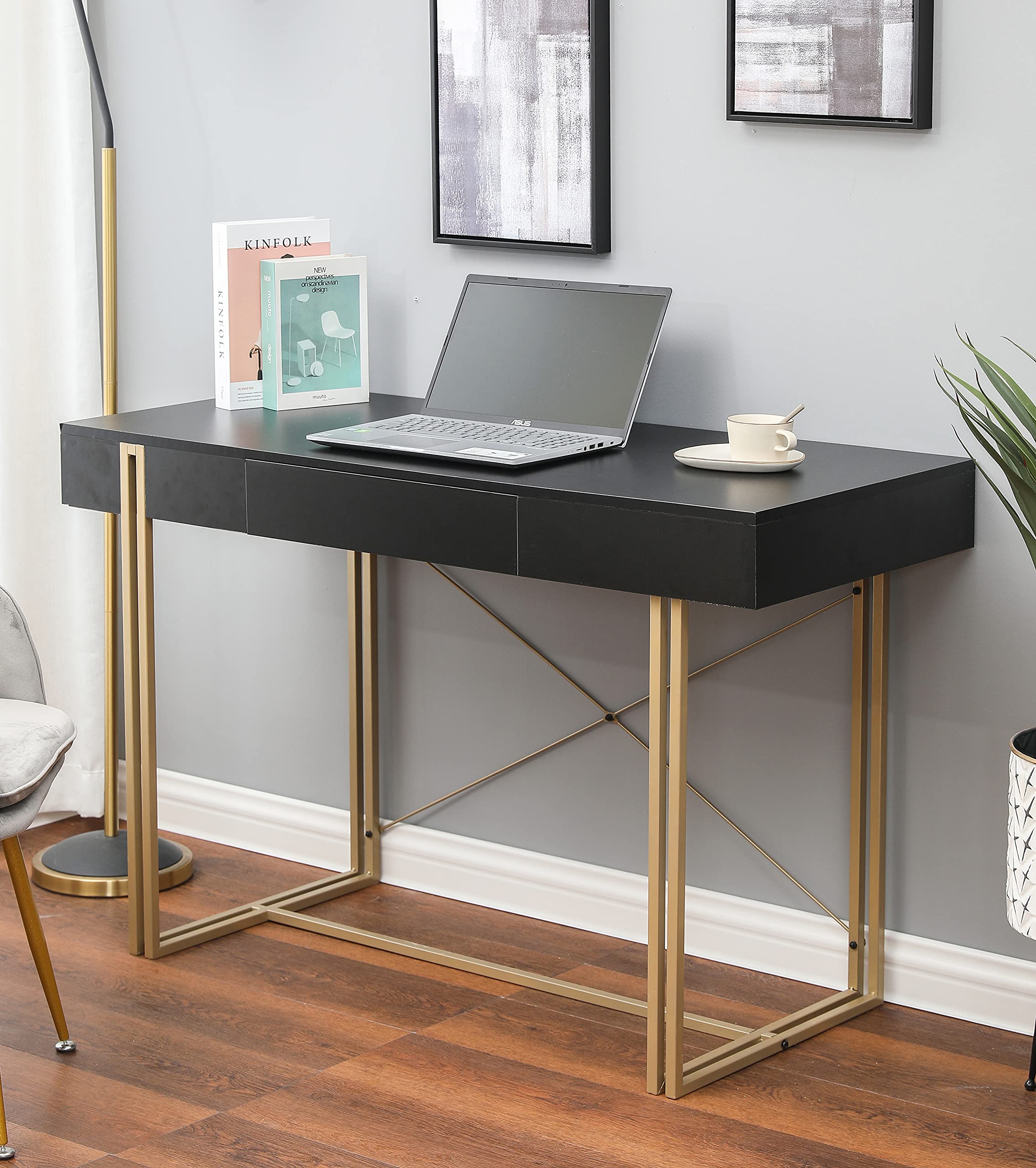 LuxenHome 47 Inch Black Modern Wood & Metal Drawer Desk - Makeup Vanity, Dressing Table, Home Office Computer Laptop Writing Desk with Sturdy Metal Frame - Perfect for Bedroom, Living Room & Office Workspace