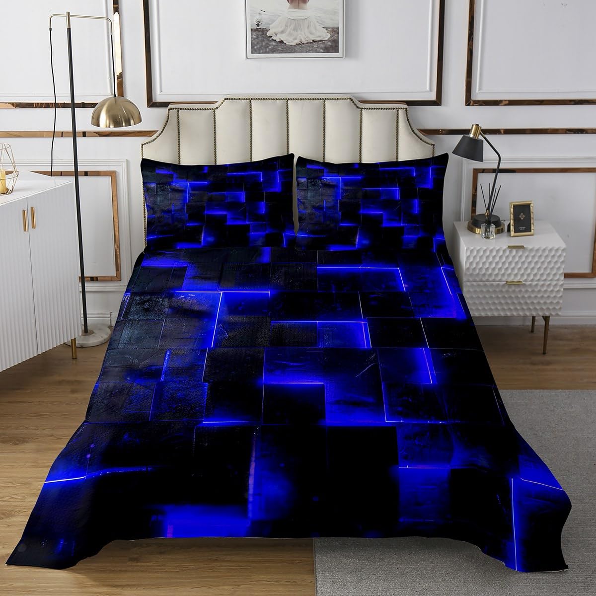 Erosebridal 3D Geometric Queen Quilt Set - Abstract Aesthetic Bedding Coverlet in Black & Navy Blue - Futuristic Glowing Cubes Design - Neon Grid Bedspread 3-Piece Set for Modern Bedroom Decor
