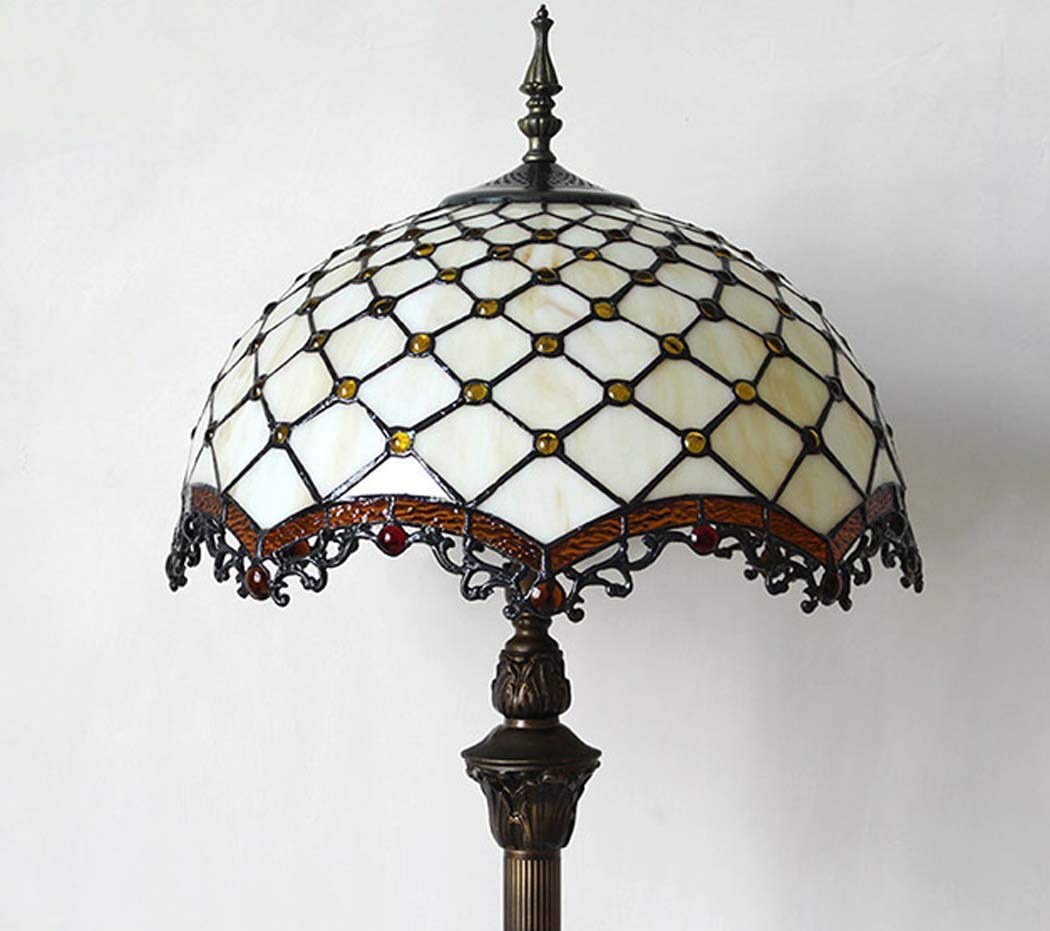 Tiffany Style Floor Lamp - 2-Light Table & Desk Standing Lighting with Stained Glass Shade, 16-Inch Height, Foot Switch, 110-240V, E27 Bulb - Perfect for Living Room, Bedroom & Office Decor