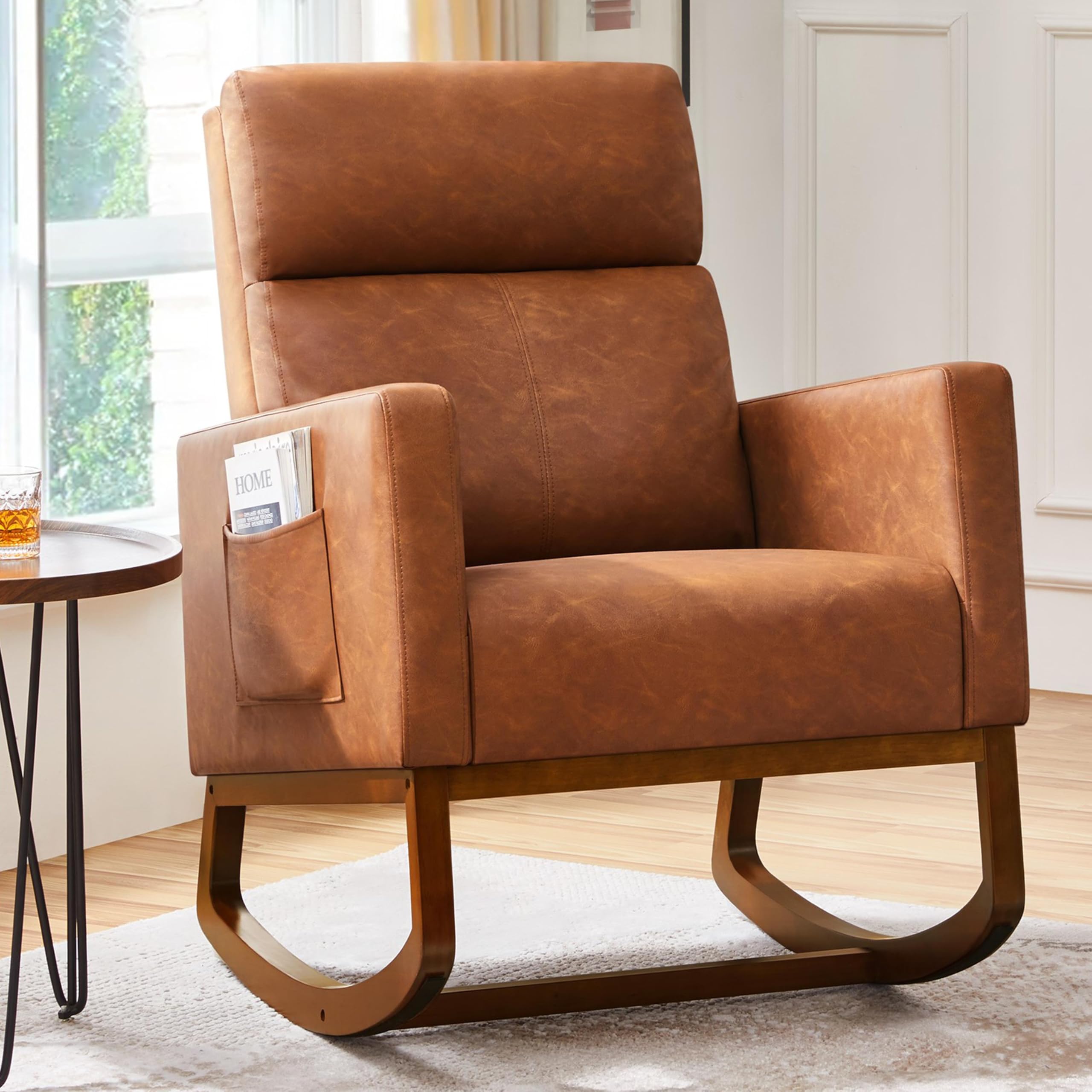 Yaheetech Modern Faux Leather Glider Rocking Chair with Rubber Wood Legs & Side Pocket - Nursery, Living Room, Bedroom Accent Armchair - Perfect for Nursing, Reading & Relaxing (Brown)
