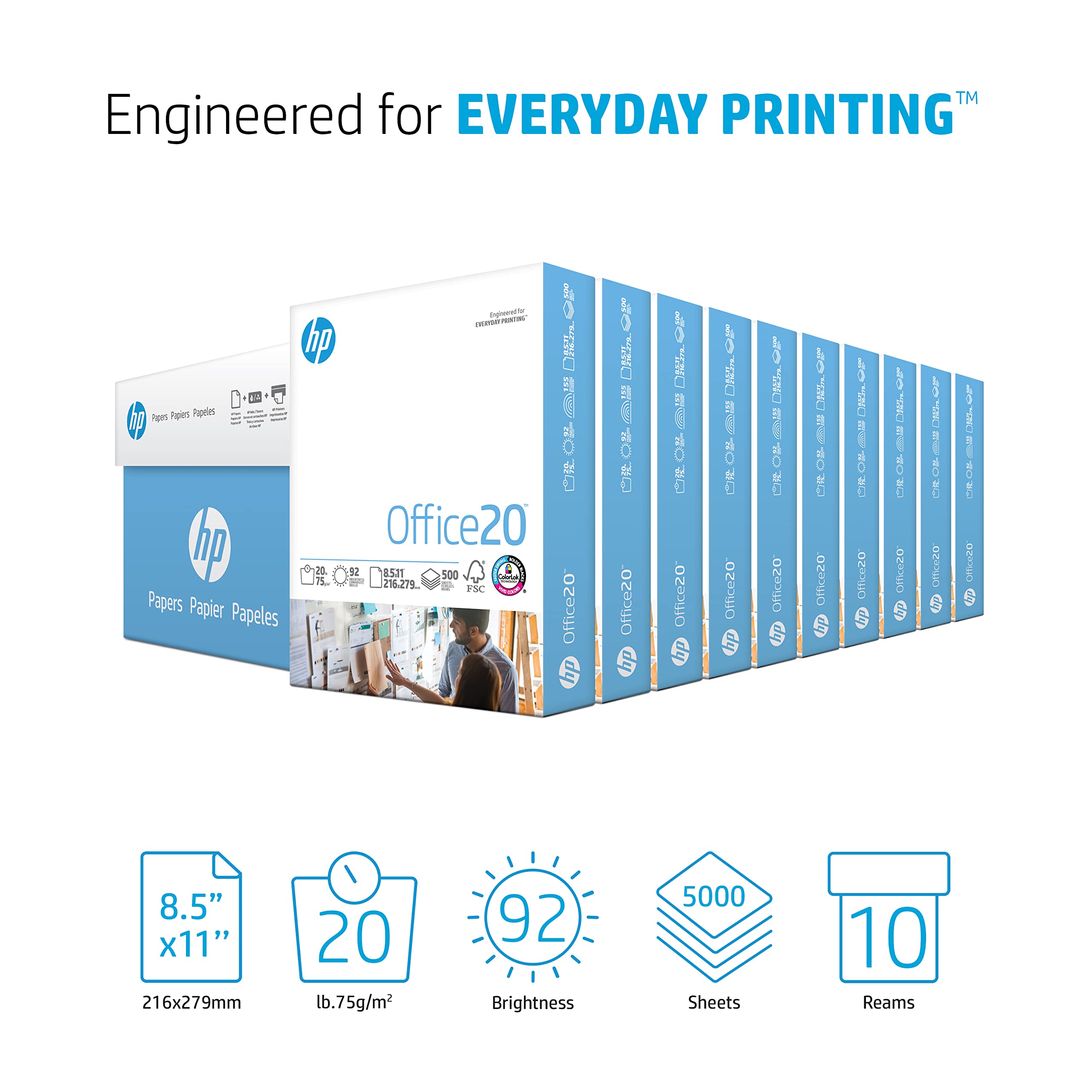 HP Printer Paper 8.5 x 11 Inches, 20 lb Bond Paper - 10 Ream Case (5000 Sheets) | 92 Brightness, FSC Certified | Made in USA | Ideal for Office Printing, Copying, and Everyday Documents
