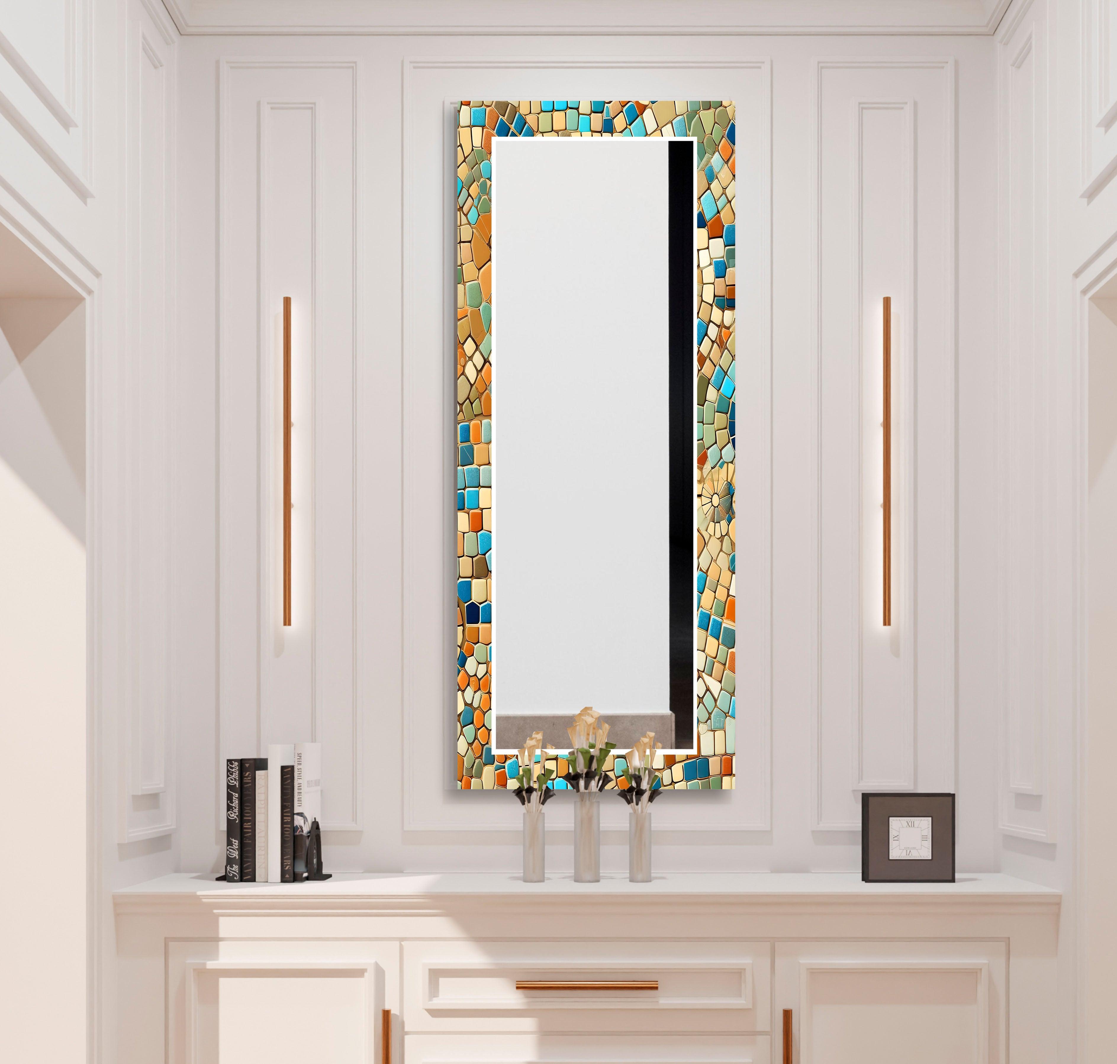 Beige and Blue Mosaic Wall Mirror - Handmade Decorative Bathroom Vanity Mirror - Perfect for Bedroom, Living Room & Entryway Décor