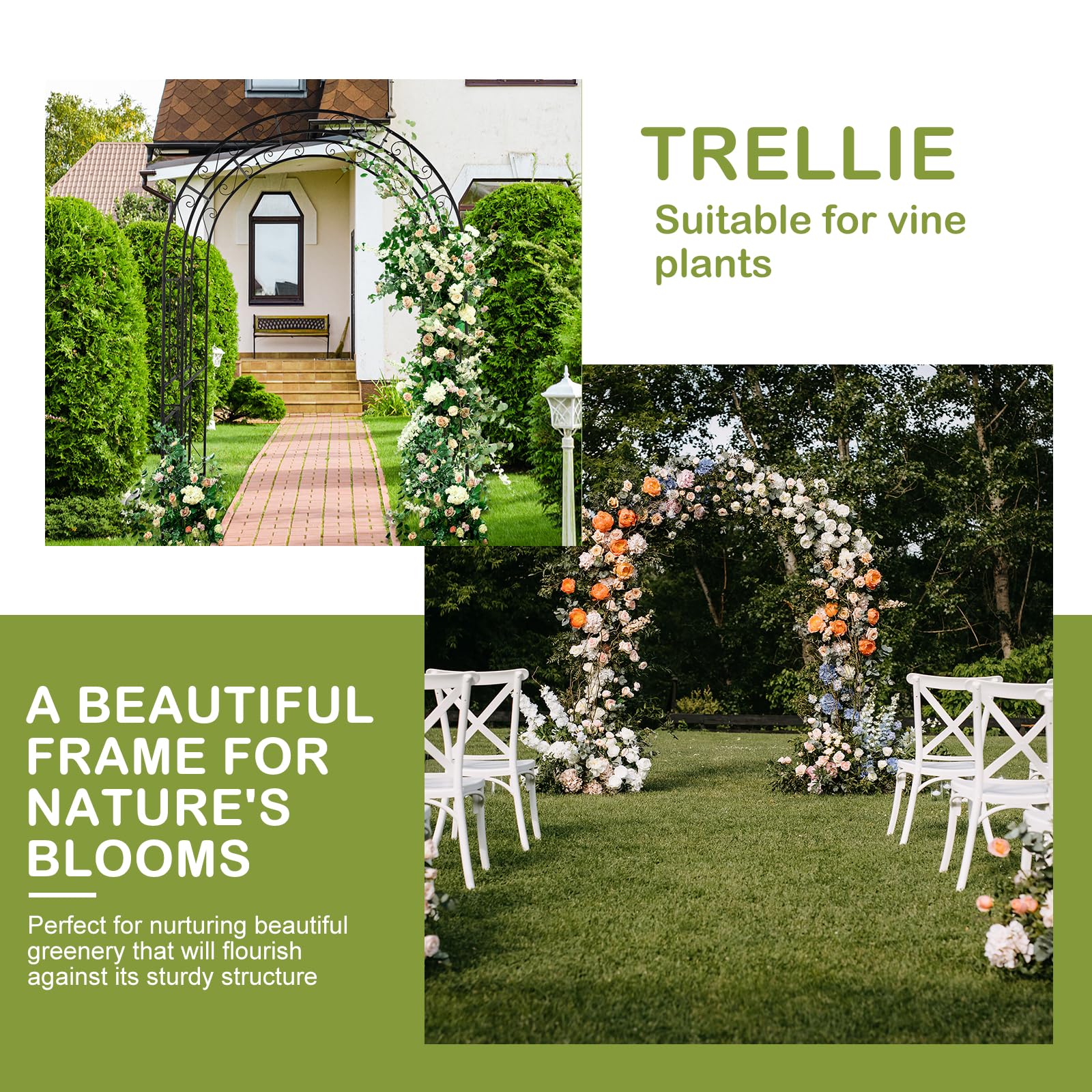 Outvita 7FT Heavy Duty Metal Garden Arch Arbor - Black Decorative Trellis with 7 Inch Ground Stakes for Climbing Roses, Vines & Wedding Decor | Perfect for Courtyard, Patio, Lawn & Outdoor Ceremonies