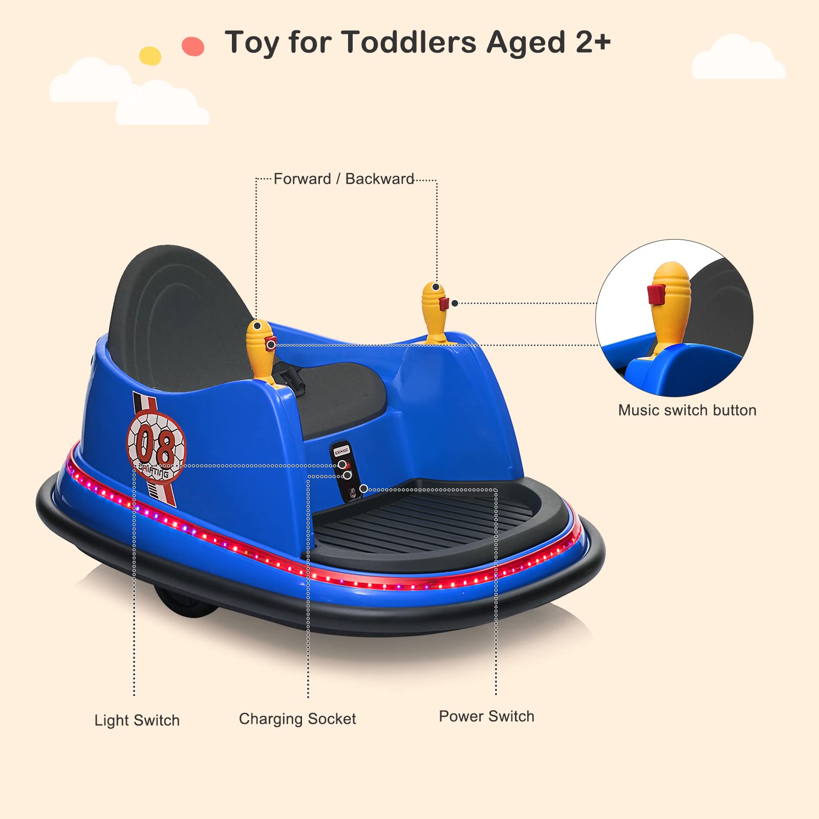 JOYMOR 6V Electric Bumper Car for Kids with Remote Control - 360° Spin, Flashing LED Lights, 2 Driving Modes, Music & Safety Belts | Perfect for Indoor/Outdoor Play, Birthday Gifts for Boys & Girls (Blue)