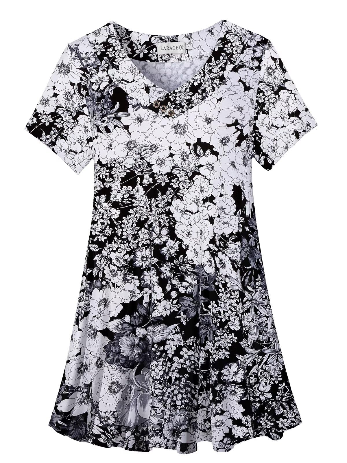 LARACE Plus Size Tunic Tops for Women - Short Sleeve V Neck Casual Blouse, Loose Fit Summer T-Shirt in Floral Black (Sizes M-5XL) | Perfect for Work, Travel & Everyday Wear