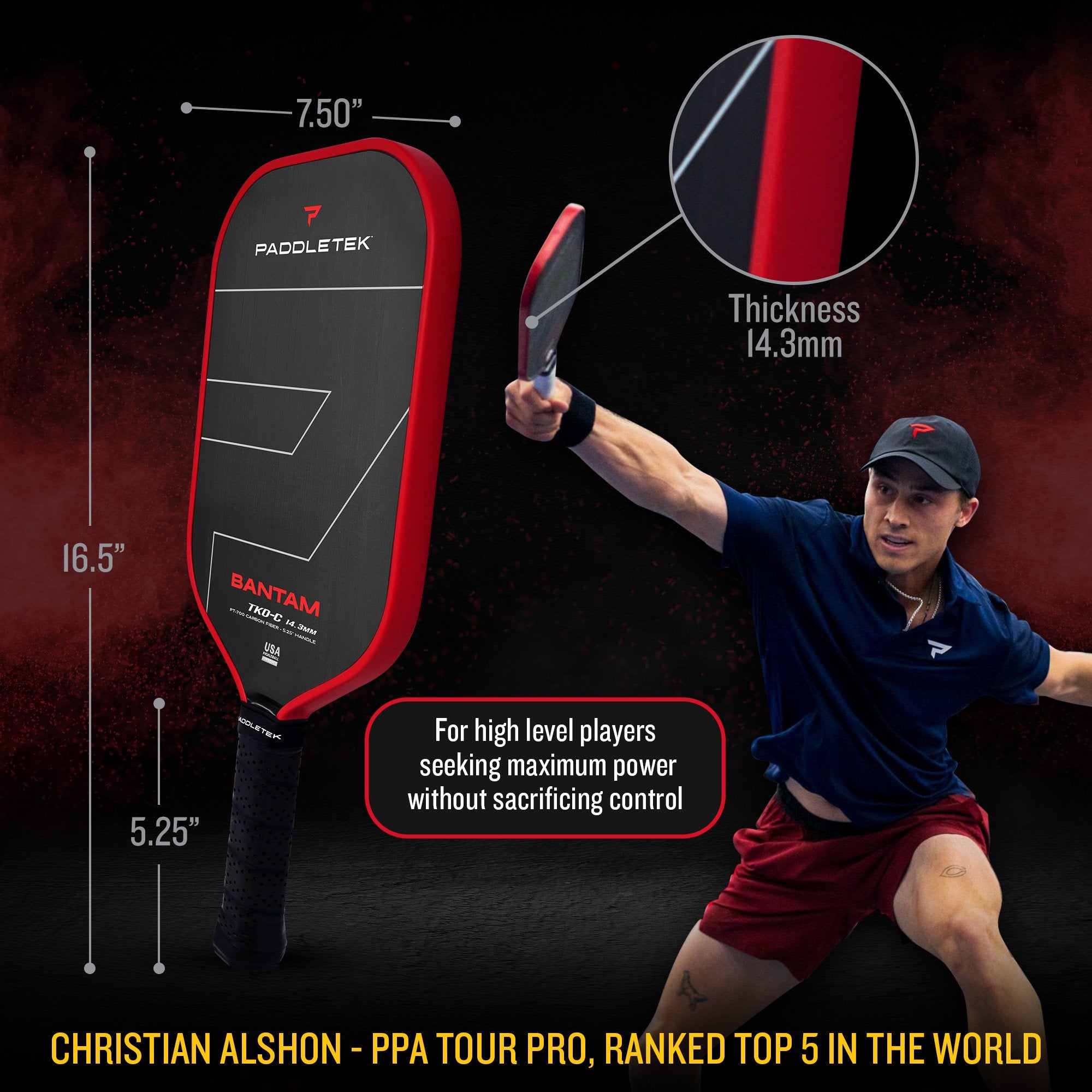 Paddletek Bantam TKO C 14.3mm Pickleball Paddle - Lightweight Carbon Fiber Surface for Control & Power | Perfect for Tournament Play & Recreational Games