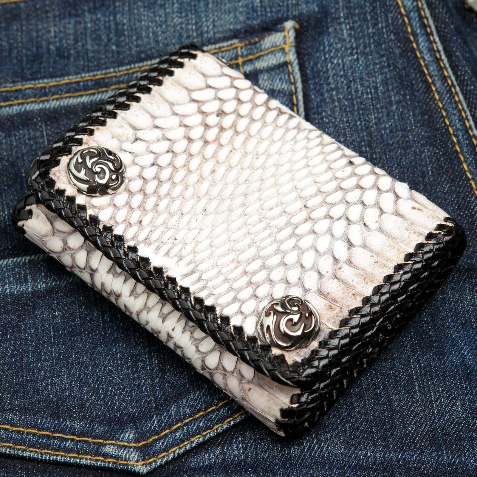 Genuine White Cobra Snake Leather Biker Wallet for Men - RFID Blocking Slim Bifold Wallet - Perfect for Motorcycle Riders, Travel & Everyday Use