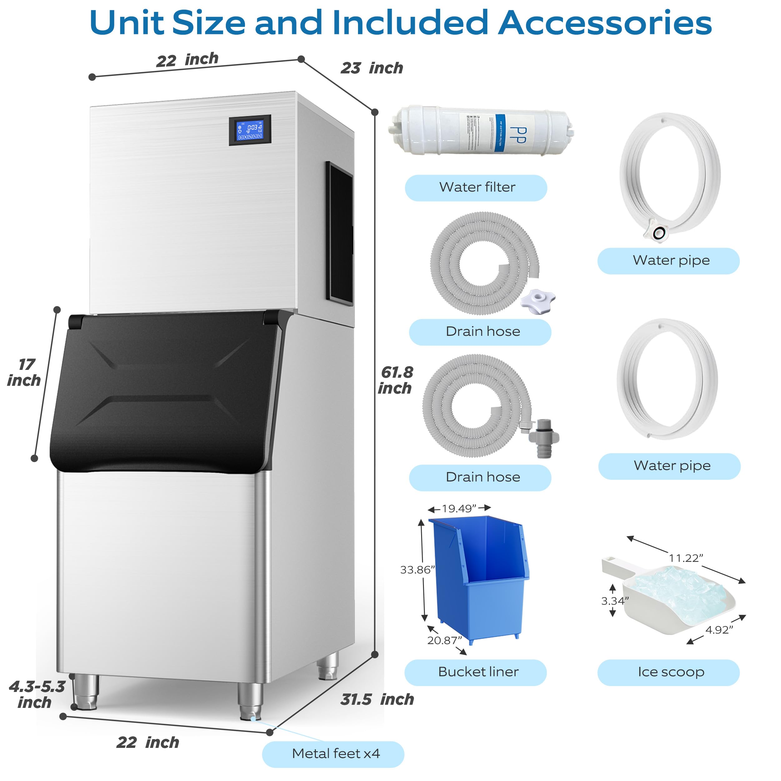 Commercial Ice Maker Machine 530Lbs/24H, Stainless Steel Industrial Ice Machine with 350Lbs Storage - Ready in 7-13 Minutes for Bars, Cafes, Restaurants & Commercial Use - Perfect for Beverage Service, Food Preservation & Large Events