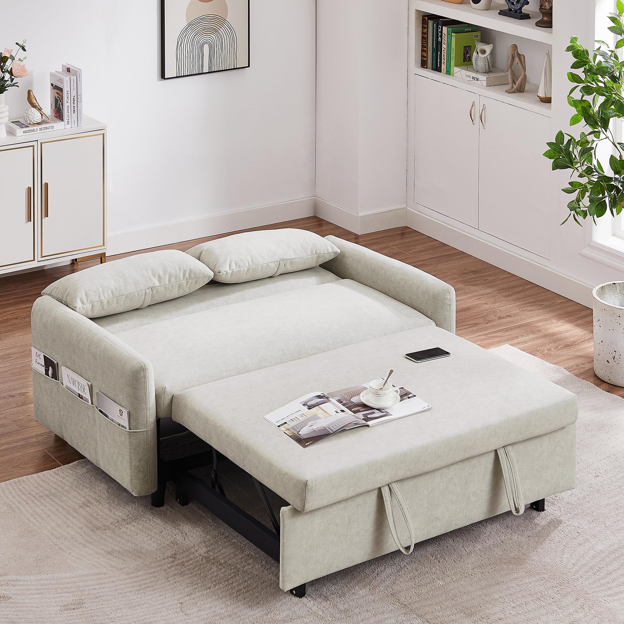 P PURLOVE Convertible Sleeper Sofa Bed with Adjustable Backrest & Storage Pockets - 2-in-1 Loveseat Couch with Pillows - Space Saving Furniture for Small Apartments, Office, Living Room & Guest Room (Beige) | Perfect for Studio Living, Overnight Guests & Multi-Functional Spaces