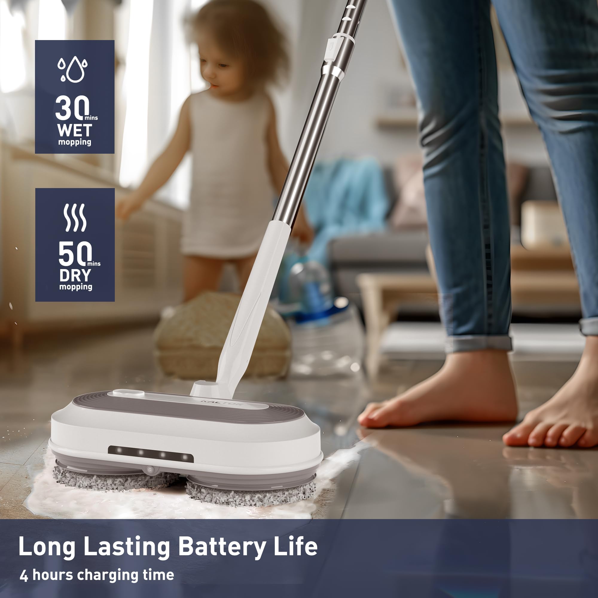 Cordless Electric Spin Mop with Water Sprayer & LED Headlights - 50min Runtime, 290ml Tank, Self-Propelled Floor Cleaner - Adjustable Handle for Hardwood, Tile & Laminate Floors - Perfect for Kitchen, Bathroom & Pet Areas Cleaning