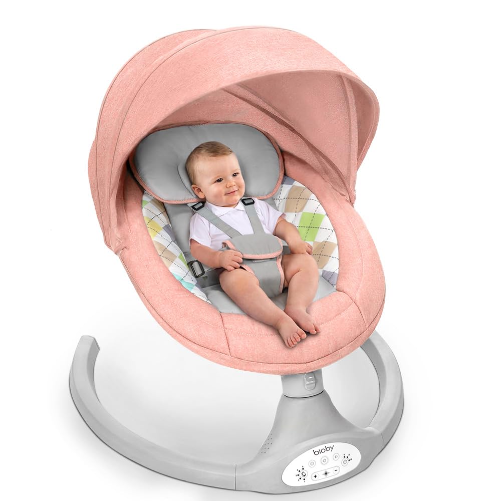 Bioby Baby Swing for Infants 0-12 Months - Portable Rocker with 5 Speed Settings, Bluetooth Music, Remote Control & 5-Point Safety Harness - Lightweight Bouncer for Babies 5-20 lbs (Pink) - Perfect for Nursery, Travel & Soothing Fussy Babies