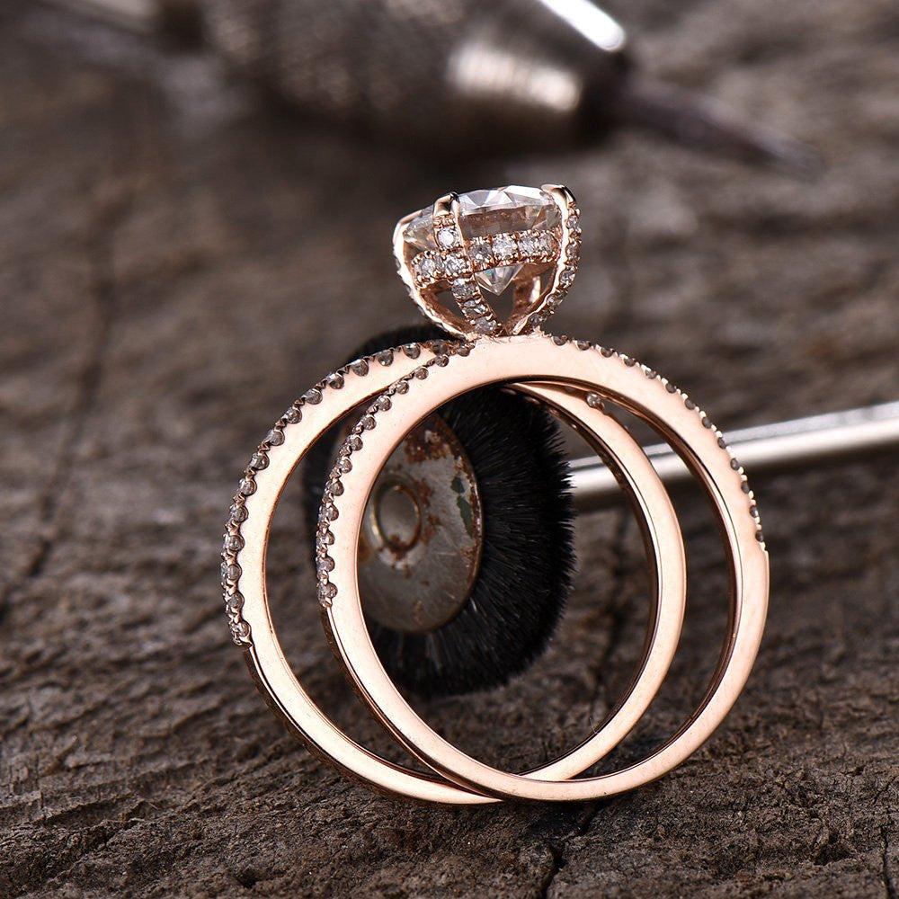 Moissanite Engagement Ring 14K Rose Gold - 7mm Round Solitaire Diamond Basket Half Eternity Wedding Band Bridal Set (D-E-F Color) | Perfect for Proposals, Anniversaries & Special Occasions