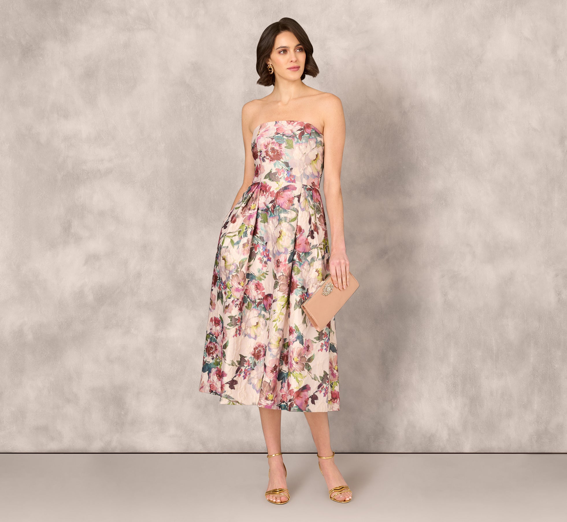 Strapless Floral Jacquard Midi Dress in Pink Multi - Perfect for Summer Weddings, Garden Parties & Beach Vacations
