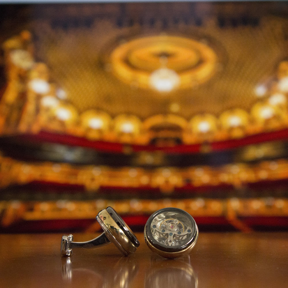 KingCuffs Luxury Tourbillon Watch Movement Round Cufflinks with Gold Rim - Perfect for Weddings, Business Meetings & Formal Events