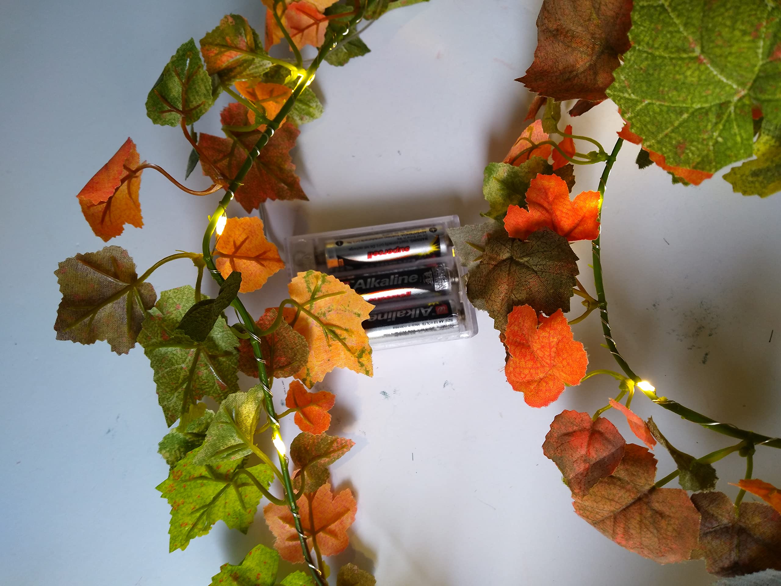 LED Grape Leaf Garland with Warm White Lights - Decorative Mantel or Table Garland for Fall, Thanksgiving, and Christmas Home Decor