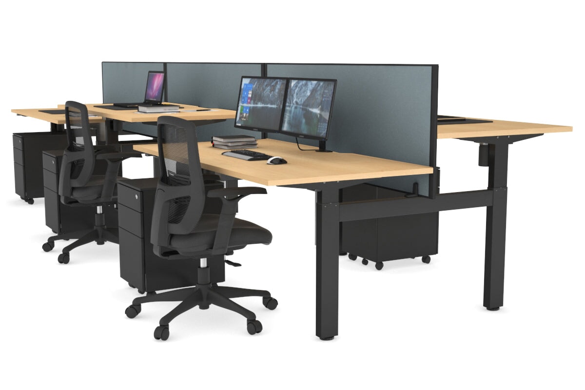 Just Right Height Adjustable 6-Person H Bench Workstation - Black Frame [1600L x 800W with Cable Management] - Perfect for Office, Coworking Spaces & Home Offices