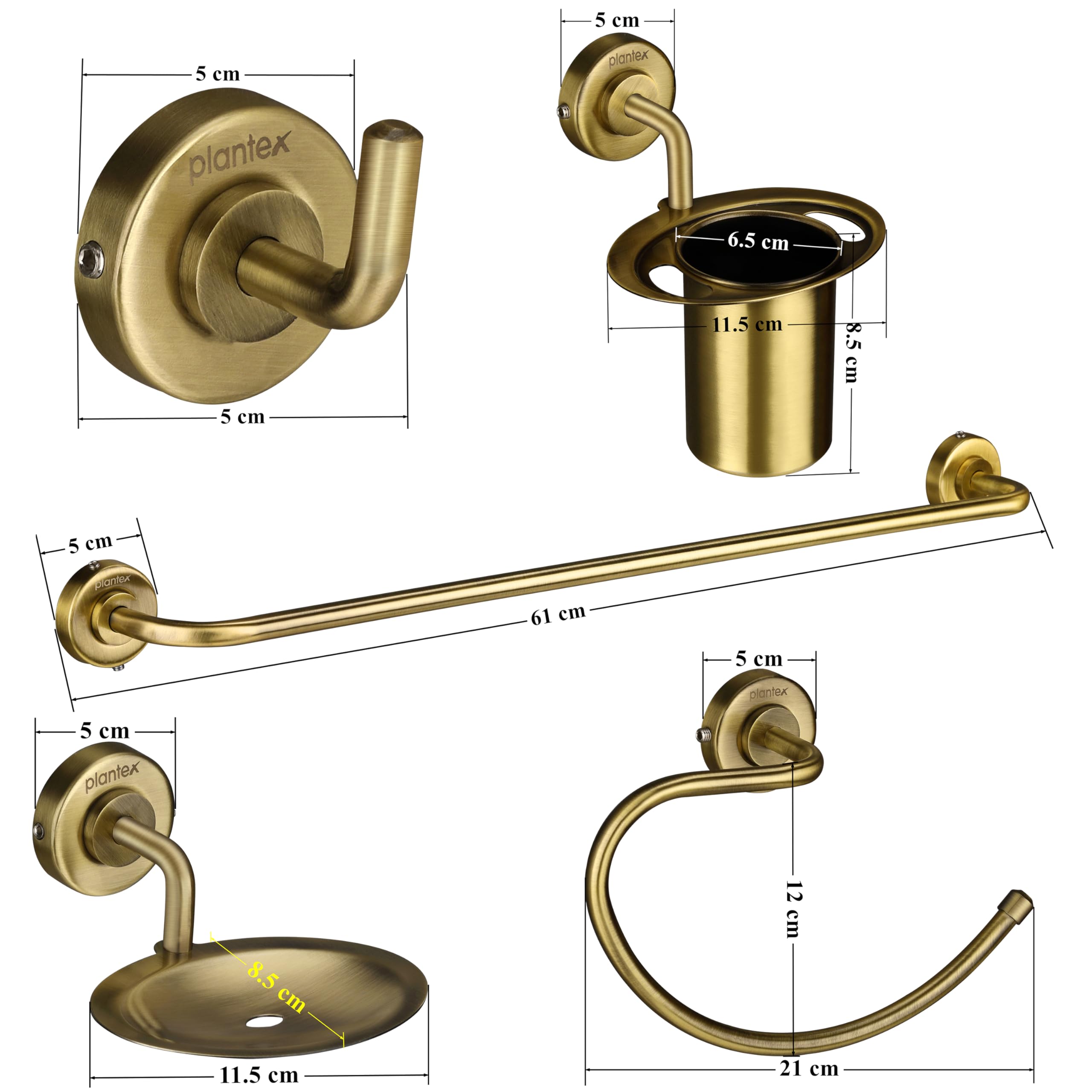 Plantex 304 Stainless Steel Bathroom Accessories 5-Piece Set - Towel Bar, Soap Dish, Toothbrush Holder, Robe Hook & Hand Towel Ring - Antique Brass Finish for Bathroom, Spa & Hotel Decor